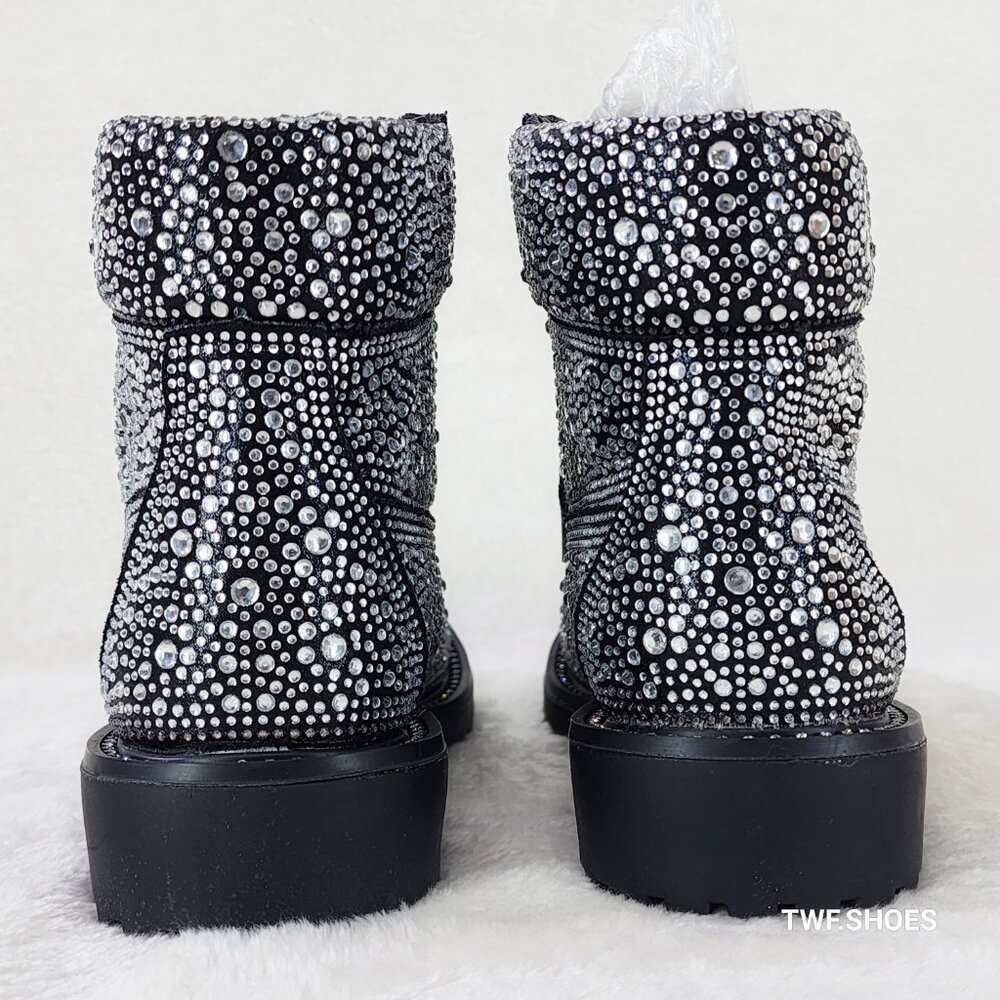 Wonder Sparkling Rhinestone Combat Ankle Boot Metallic Black - Picture 5 of 8